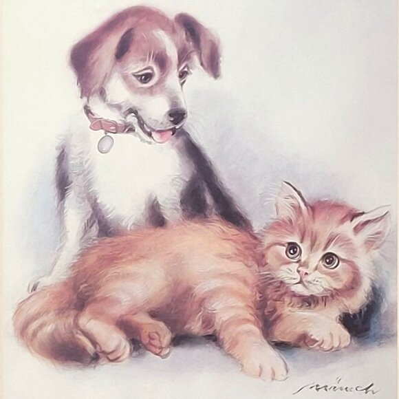 Vintage Framed Print Of Puppy & Kitten By Artist Marinich With Rustic Wooden Fra - Picture 2 of 4
